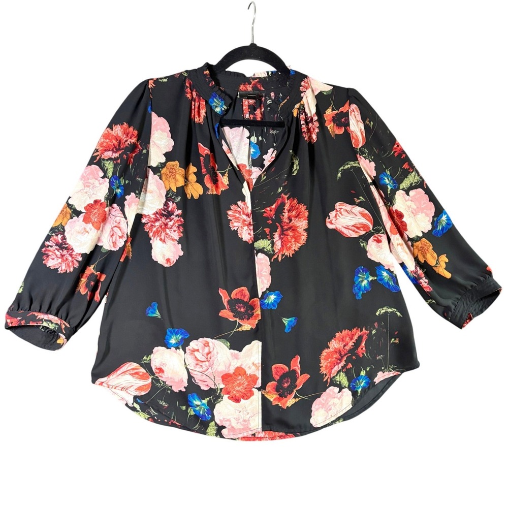 Worthington Petite Black‎ Floral Ruffled Split Neck 3/4 Sleeve Blouse PM